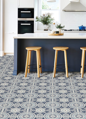 FloorPops Blue Ezra tile features a textured finish for durable wear.
