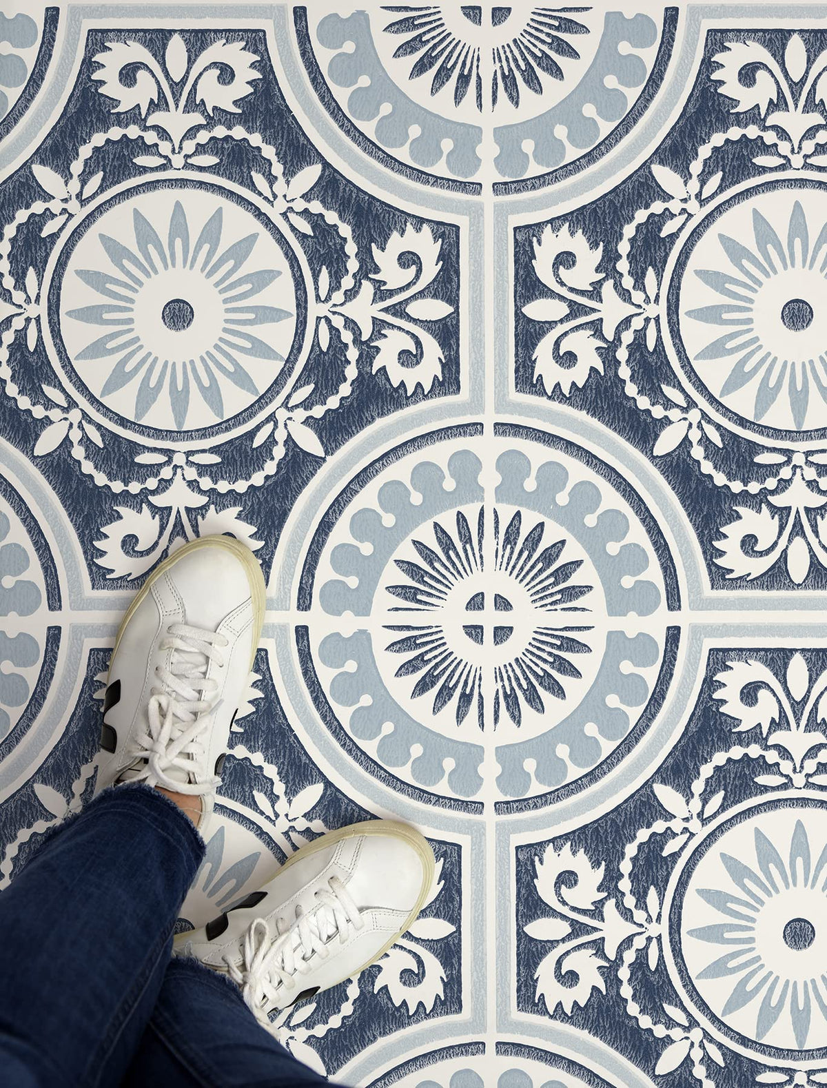 FloorPops Blue Ezra is water resistant and washable for busy spaces.