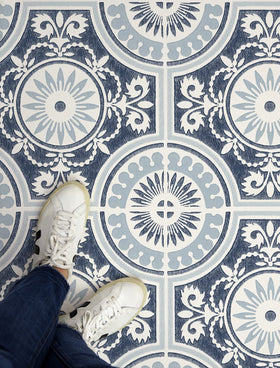 FloorPops Blue Ezra is water resistant and washable for busy spaces.