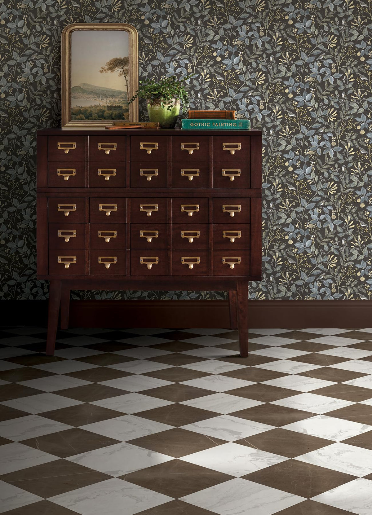 FloorPops Chris Loves Julia Bronze peel-and-stick tiles applied to a smooth surface.