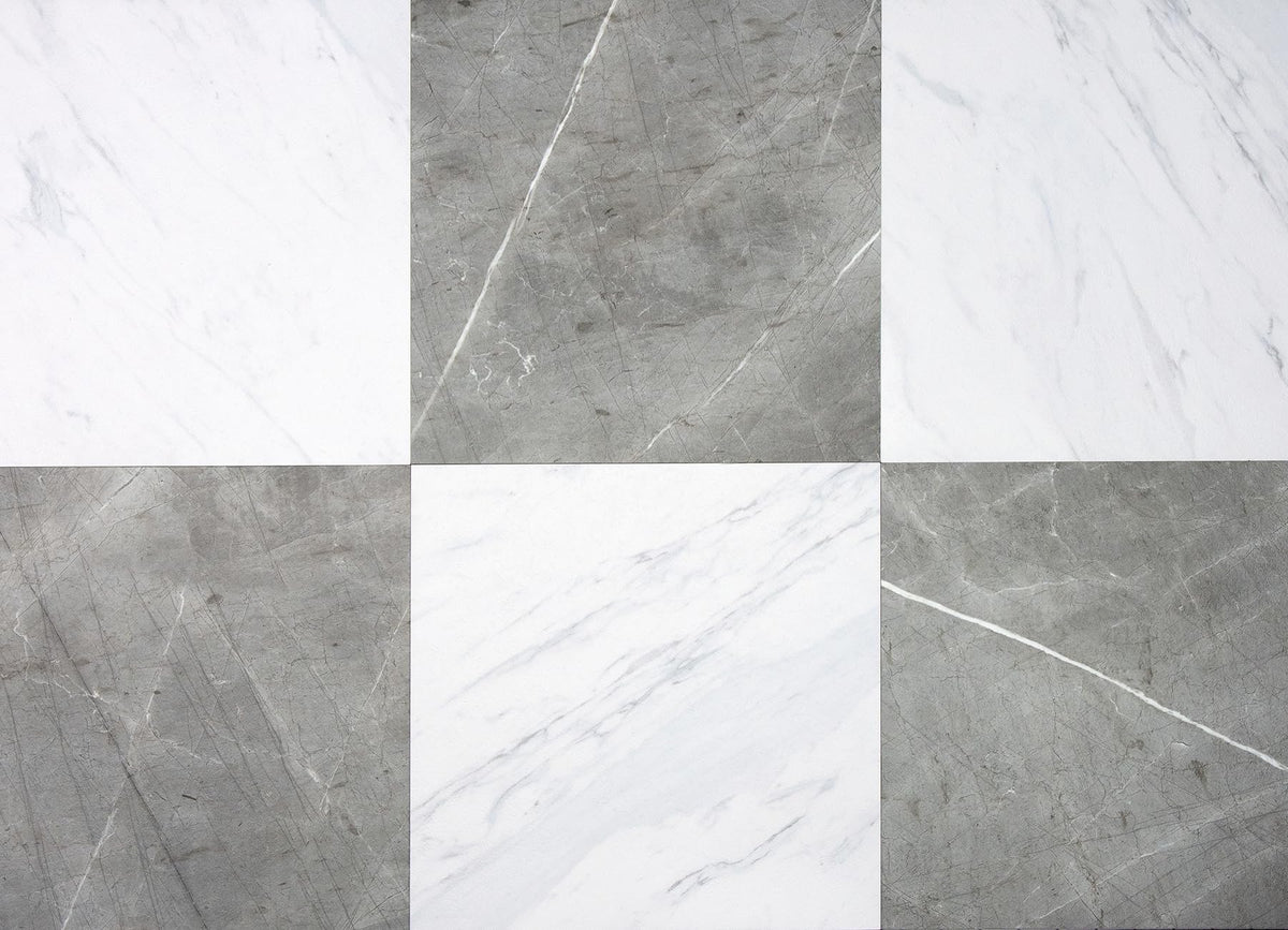 FloorPops Chris Loves Julia Bonneville Grey and White Marble tiles show a 12x12 checkerboard pattern for DIY floors