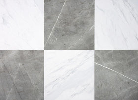 FloorPops Chris Loves Julia Bonneville Grey and White Marble tiles show a 12x12 checkerboard pattern for DIY floors