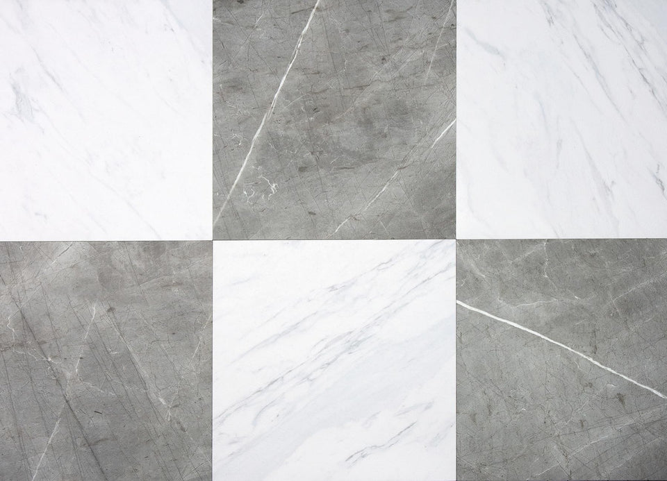 FloorPops Chris Loves Julia Bonneville Grey and White Marble tiles show a 12x12 checkerboard pattern for DIY floors