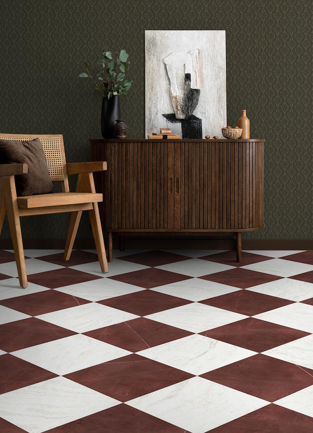 Checkerboard red and white marble pattern from FloorPops enhances a living space.
