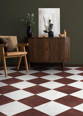 Checkerboard red and white marble pattern from FloorPops enhances a living space.