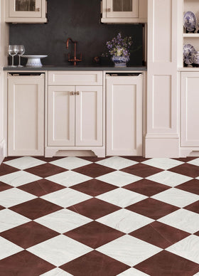 Bonneville Oxblood peel-and-stick tile on floor for a quick style update by FloorPops.