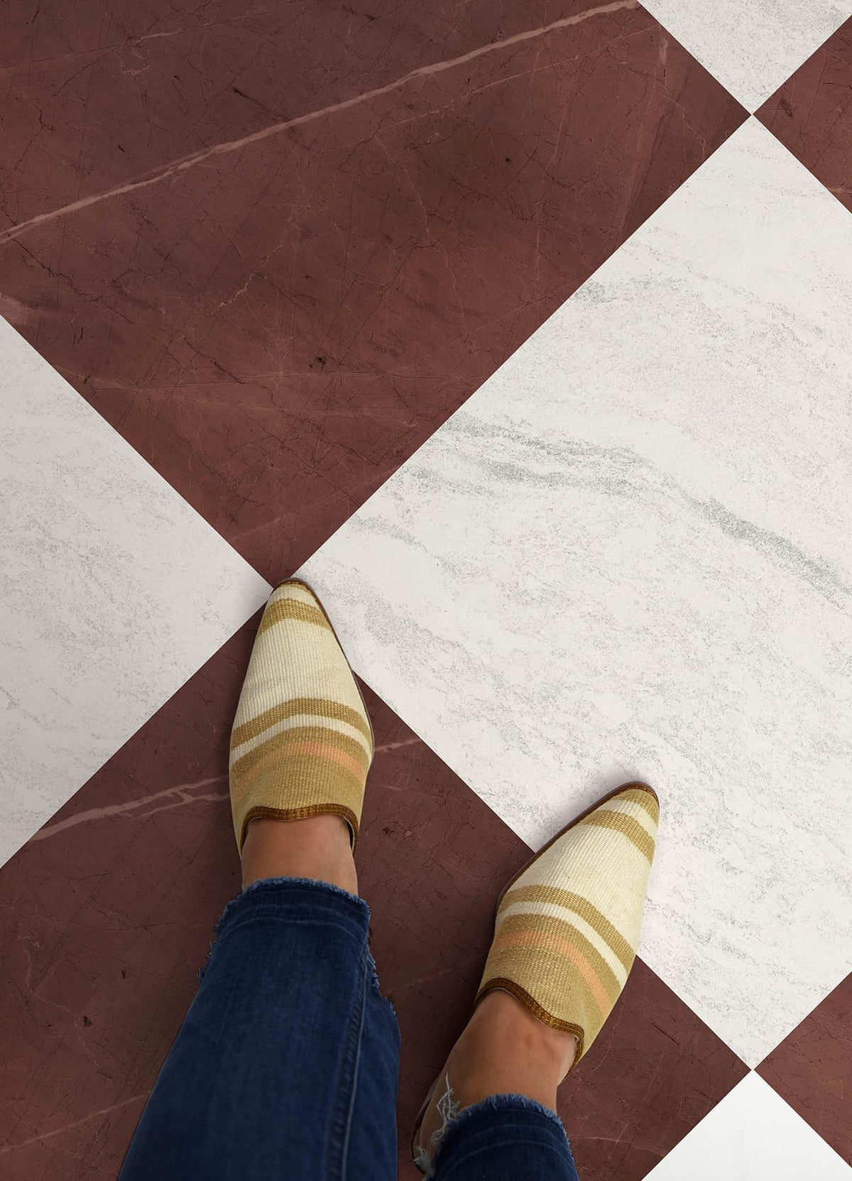 Water-resistant FloorPops tiles ideal for busy kitchens and entryways.
