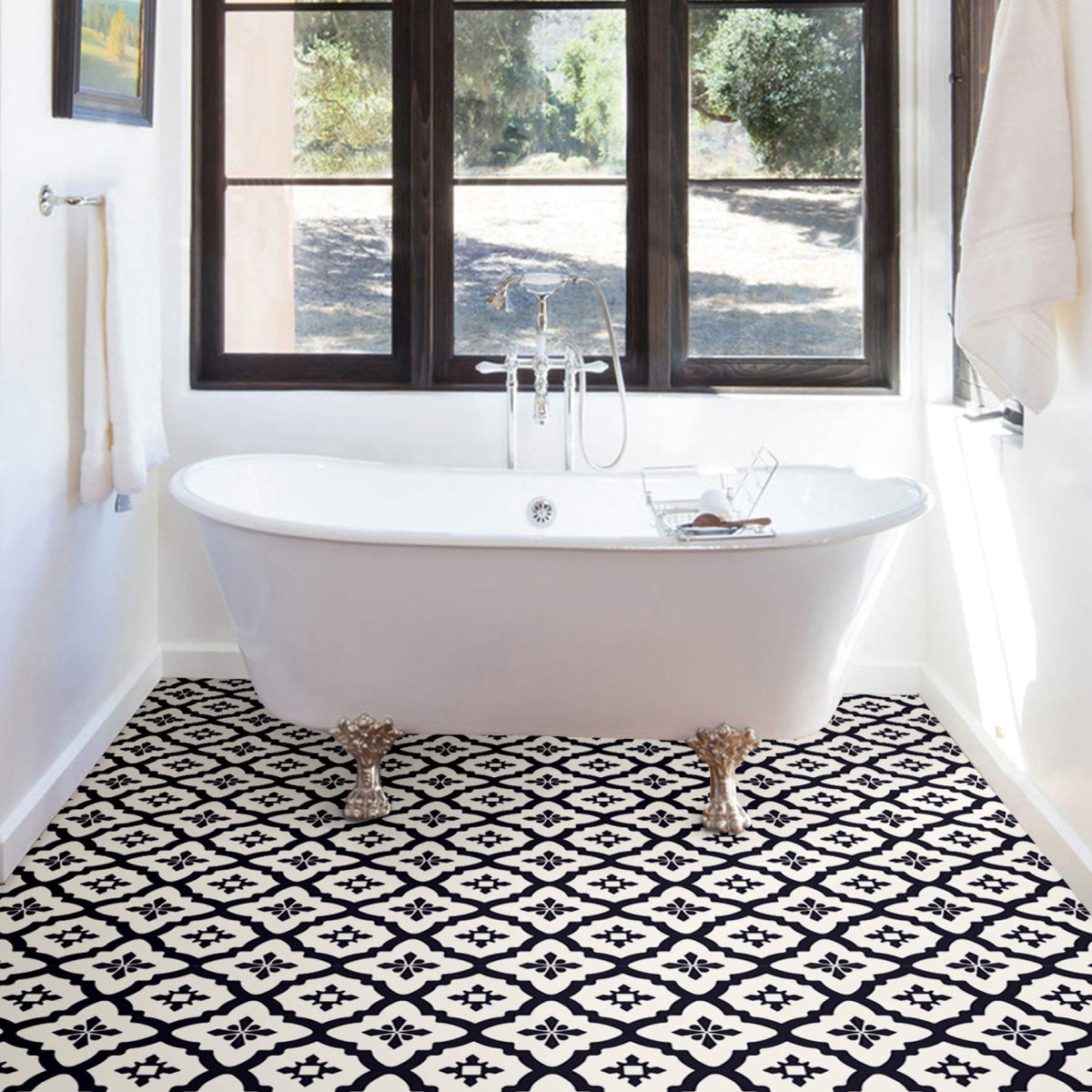 FloorPops Comet black tiles install easily with peel and stick backing.