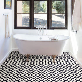 FloorPops Comet black tiles install easily with peel and stick backing.