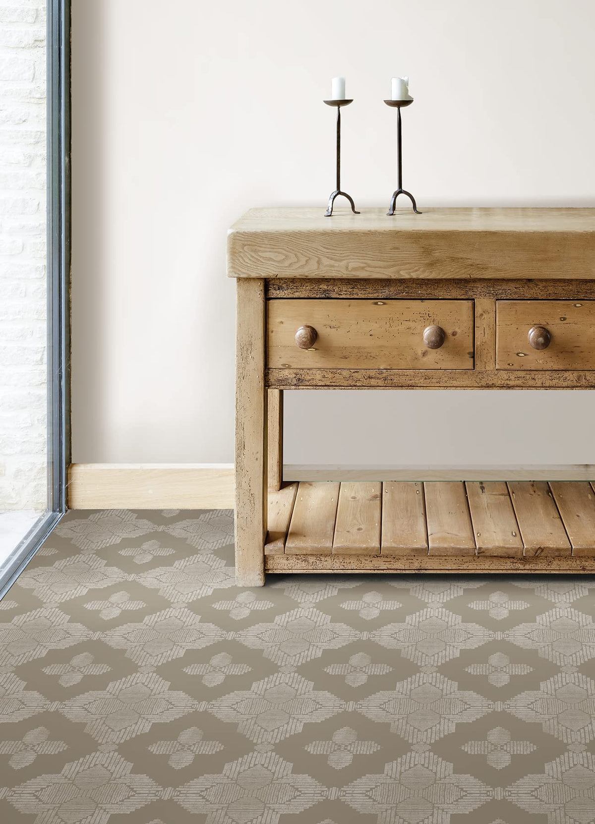 FloorPops Cream Sullivan tiles on-floor assembly demonstrates simple, grout-free installation.