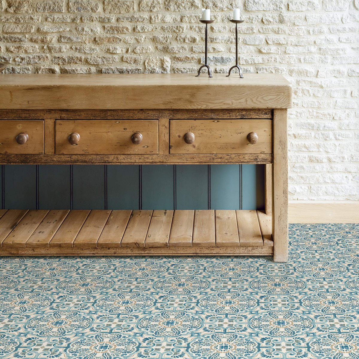 FloorPops Fontaine blue tiles are water resistant and easy to clean