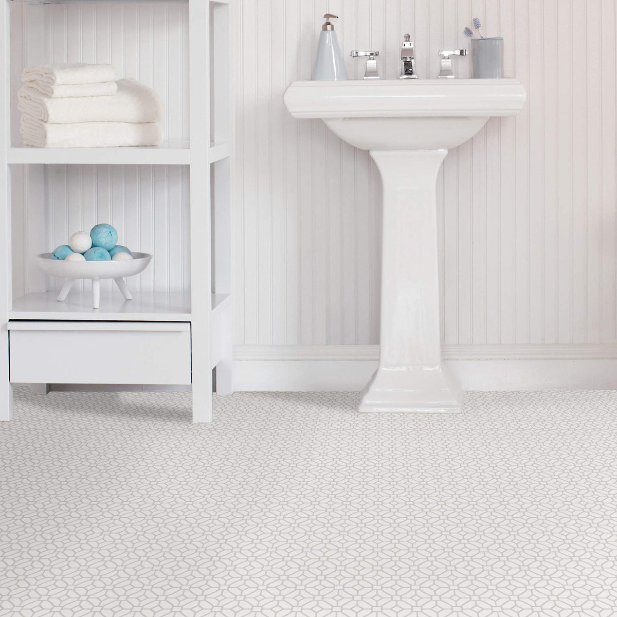 FloorPops lattice pattern tile demonstrates easy peel-and-stick installation.