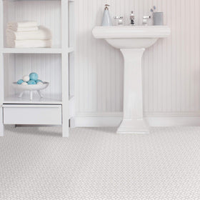 FloorPops lattice pattern tile demonstrates easy peel-and-stick installation.