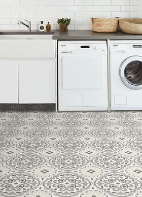 FloorPops Massimo peel-stick install image shows quick, tool-free floor refresh.