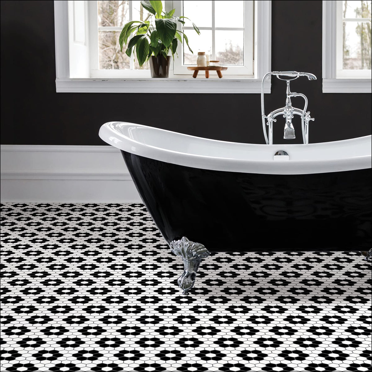 FloorPops peel-and-stick tiles being applied without grout