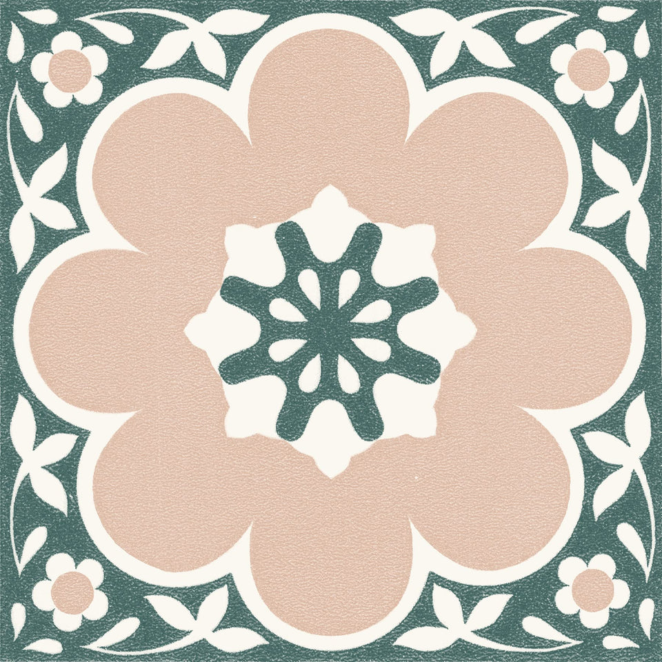 FloorPops Pink Daphne pattern close-up showing retro floral detail for vibrant floors
