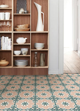 FloorPops Pink Daphne peel-stick application demonstrating quick tool-free installation