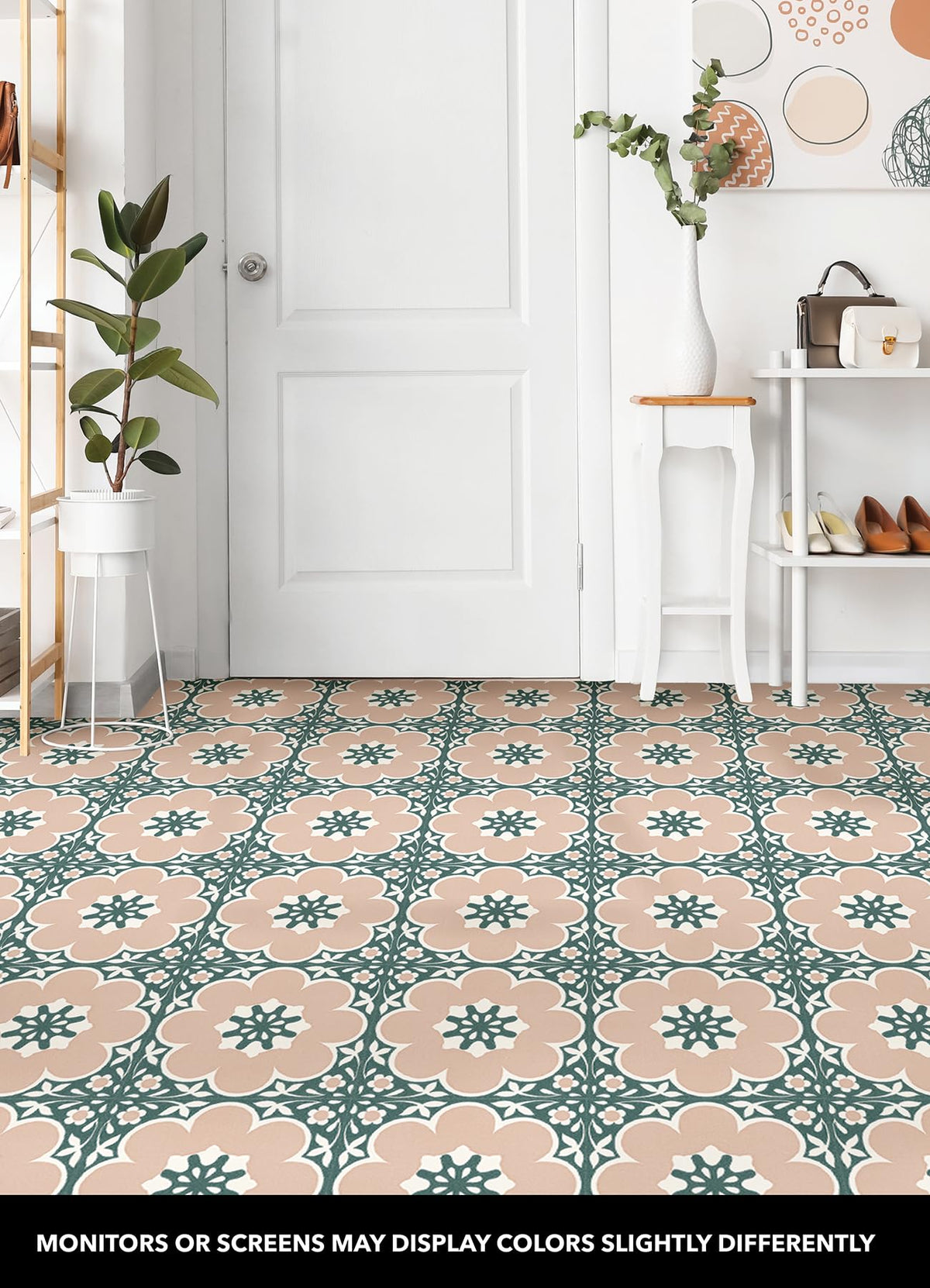 FloorPops Pink Daphne tiles assembled layout showcasing 12x12 inch modular tiles