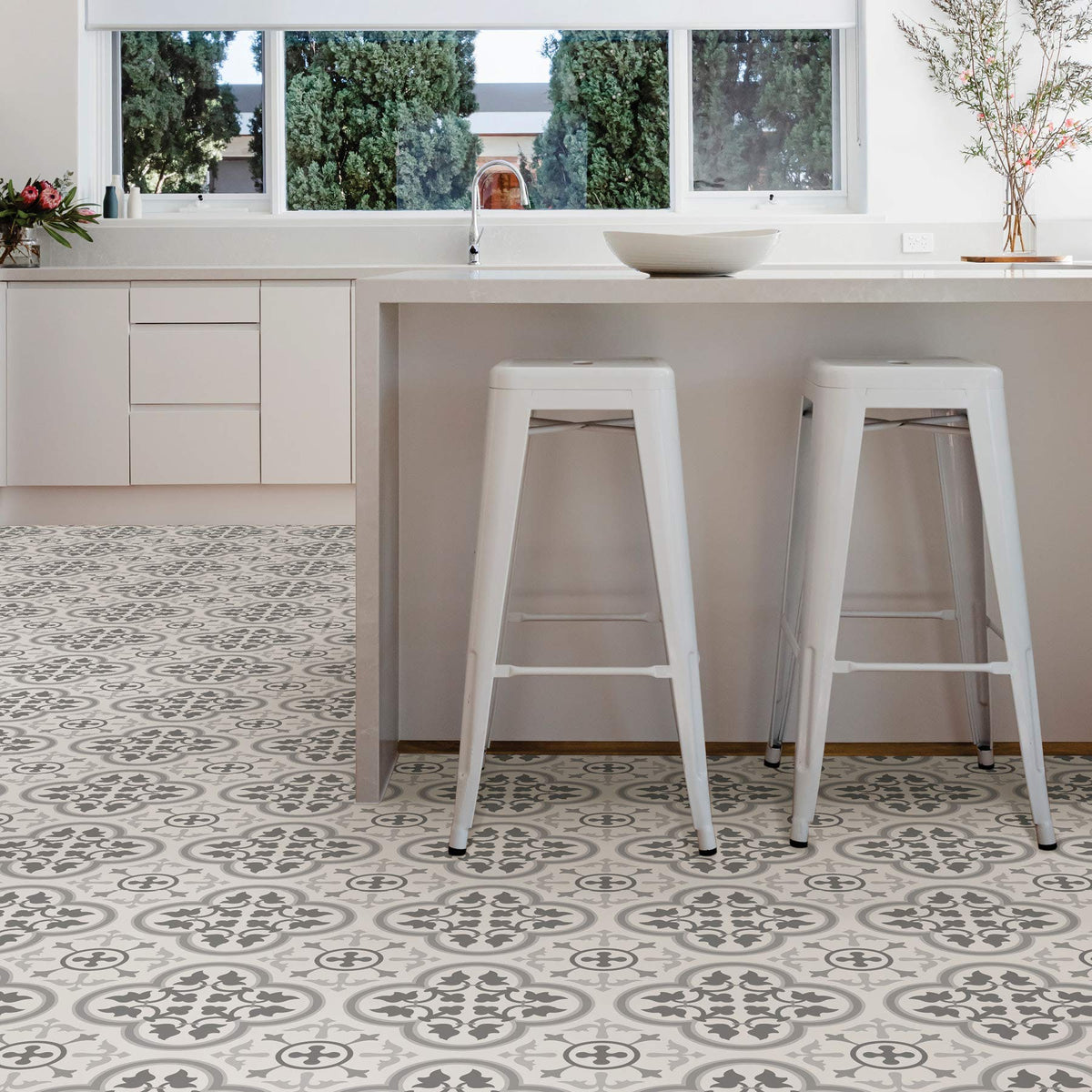 FloorPops Remy tiles in a kitchen setting illustrate quick peel-and-stick upgrade.