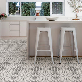 FloorPops Remy tiles in a kitchen setting illustrate quick peel-and-stick upgrade.