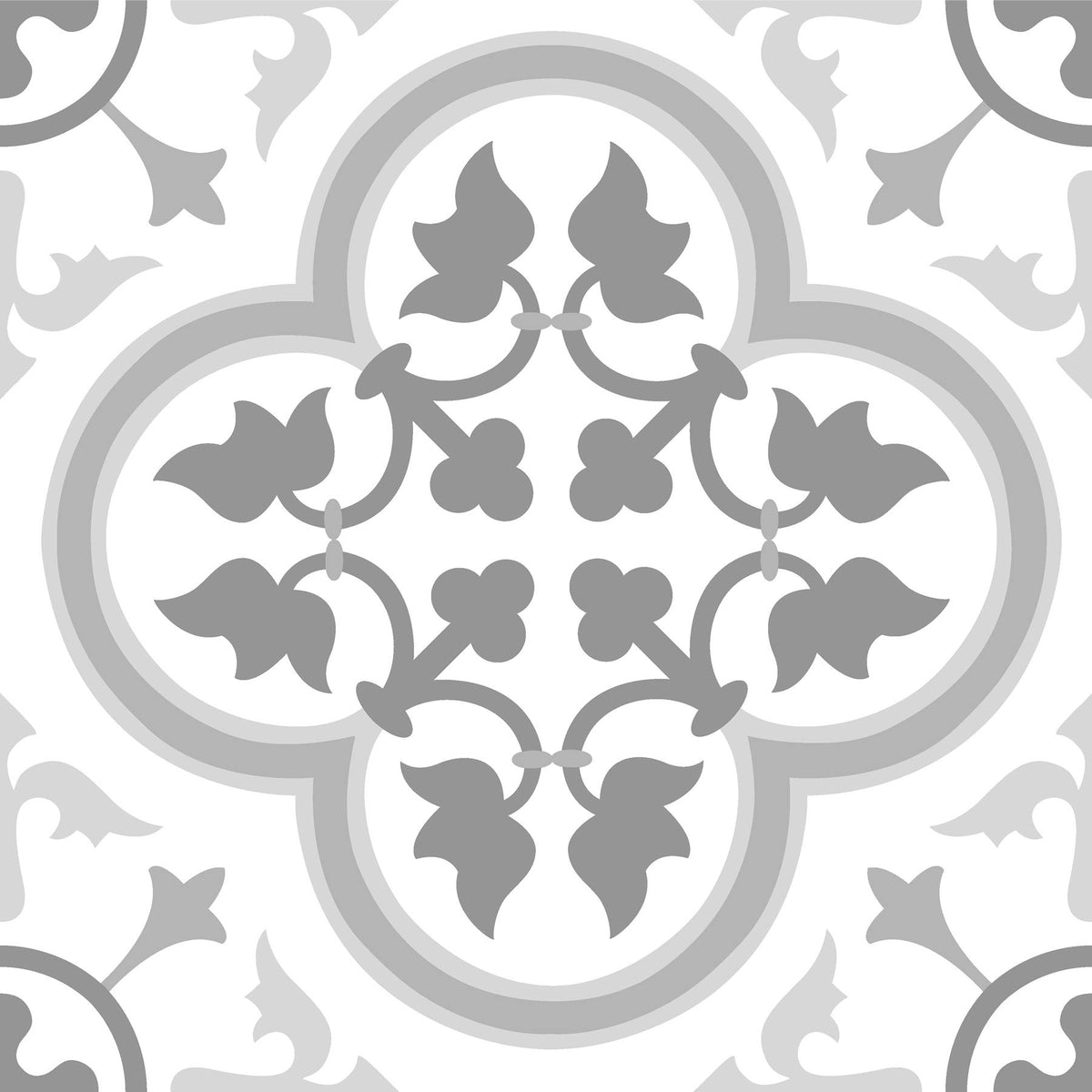 FloorPops Remy peel-and-stick tile in grey Gothic motif enhances a chic white backdrop.