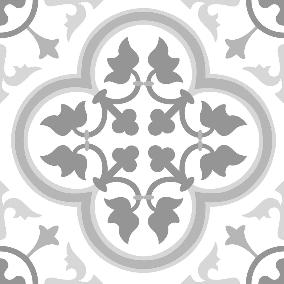 FloorPops Remy peel-and-stick tile in grey Gothic motif enhances a chic white backdrop.