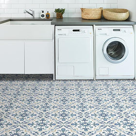 FloorPops Tuscan blue-tan-white medallion kitchen floor offers bold, easy updates.