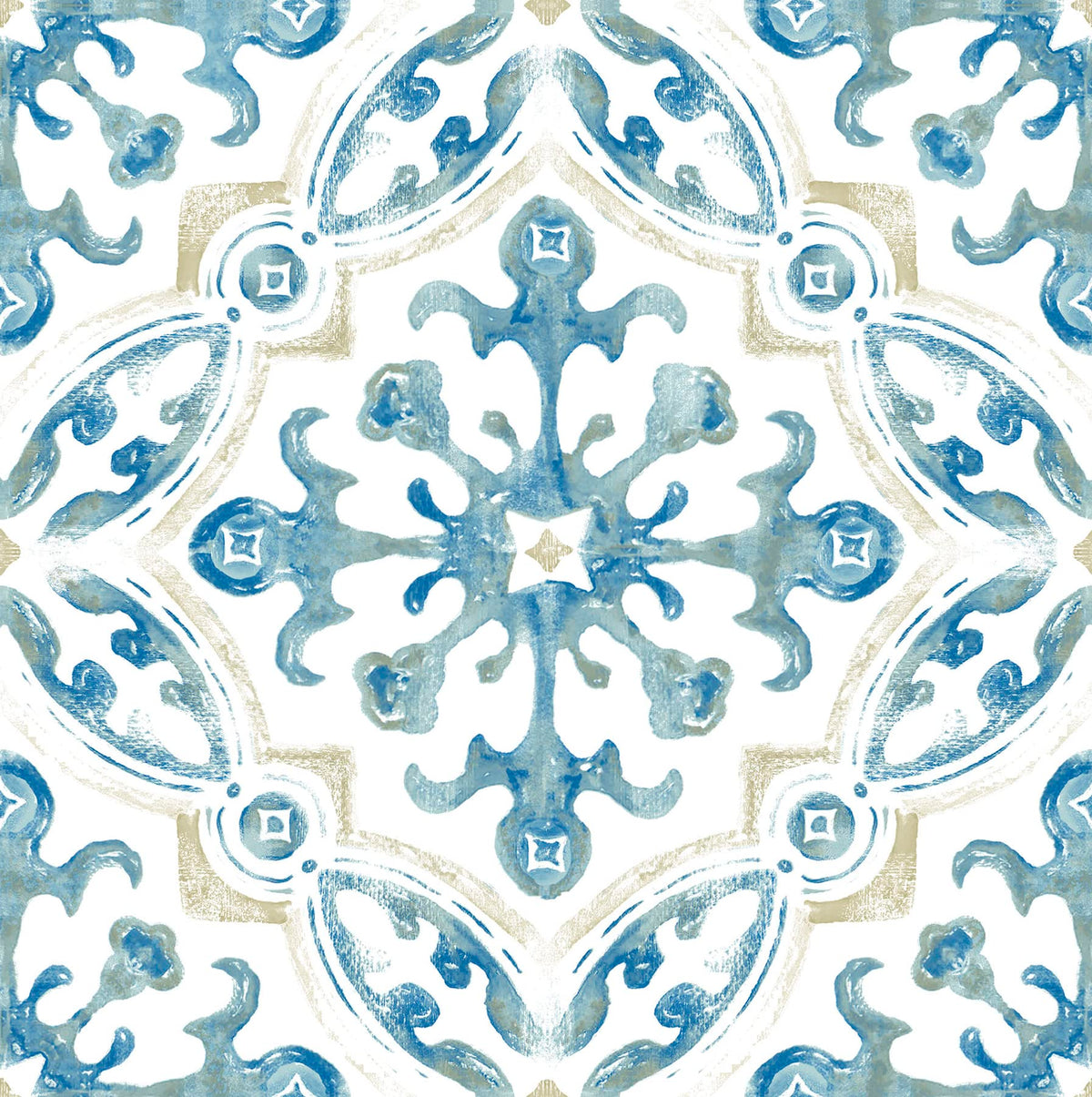 FloorPops Tuscan medallion blue-tan close-up showing hand-painted charm for a stylish floor.