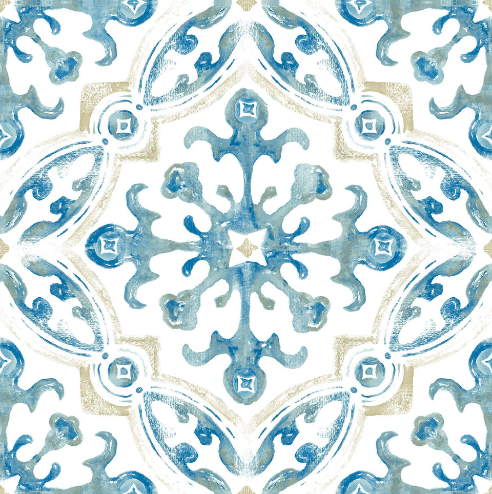 FloorPops Tuscan medallion blue-tan close-up showing hand-painted charm for a stylish floor.