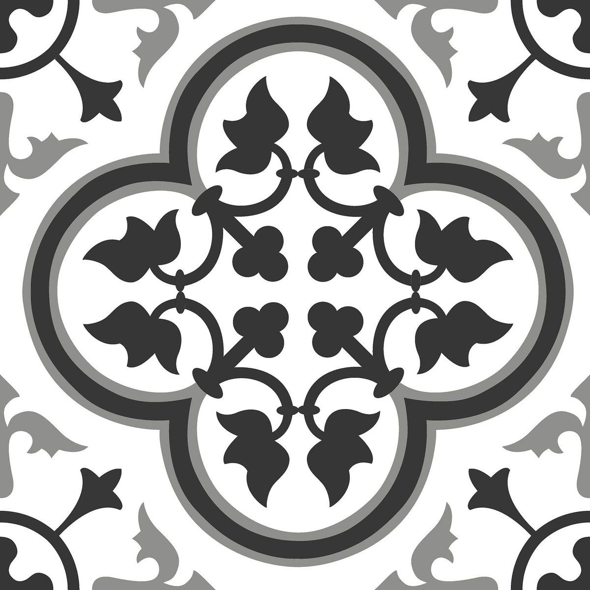 FloorPops Villa black and white gothic ironwork tile close-up for dramatic entryways.