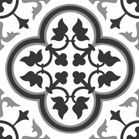 FloorPops Villa black and white gothic ironwork tile close-up for dramatic entryways.