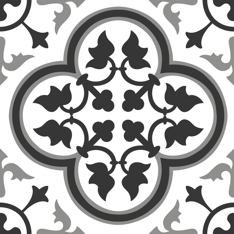 FloorPops Villa black and white gothic ironwork tile close-up for dramatic entryways.