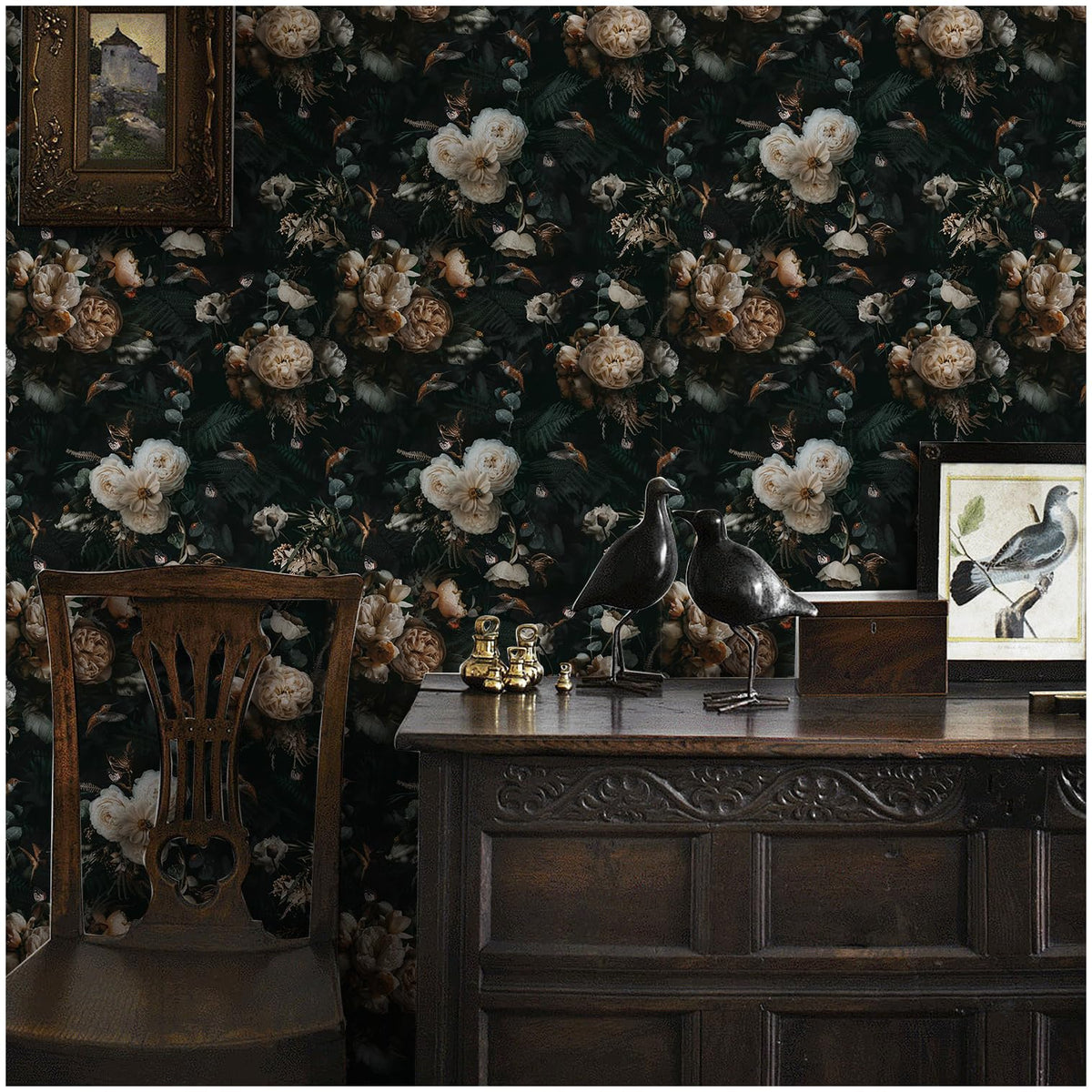 Floralplus Black Floral Wallpaper boho wall design for living areas