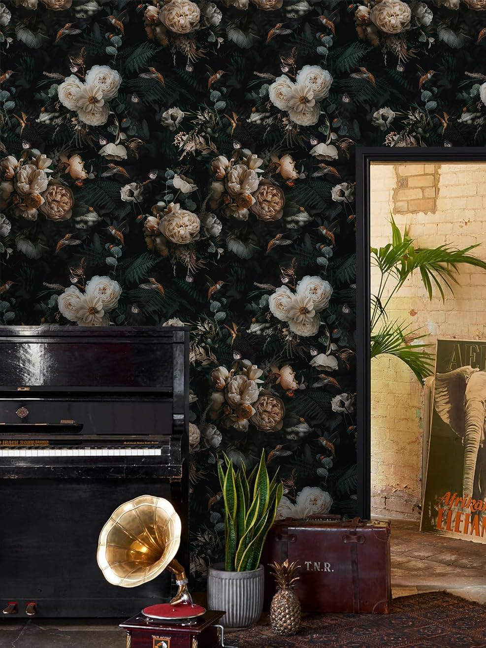 Floralplus Black Floral Wallpaper cabinet shelf liner for stylish storage