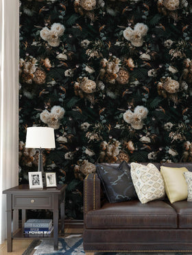 Floralplus Black Floral Wallpaper dark green pattern accents kitchen spaces