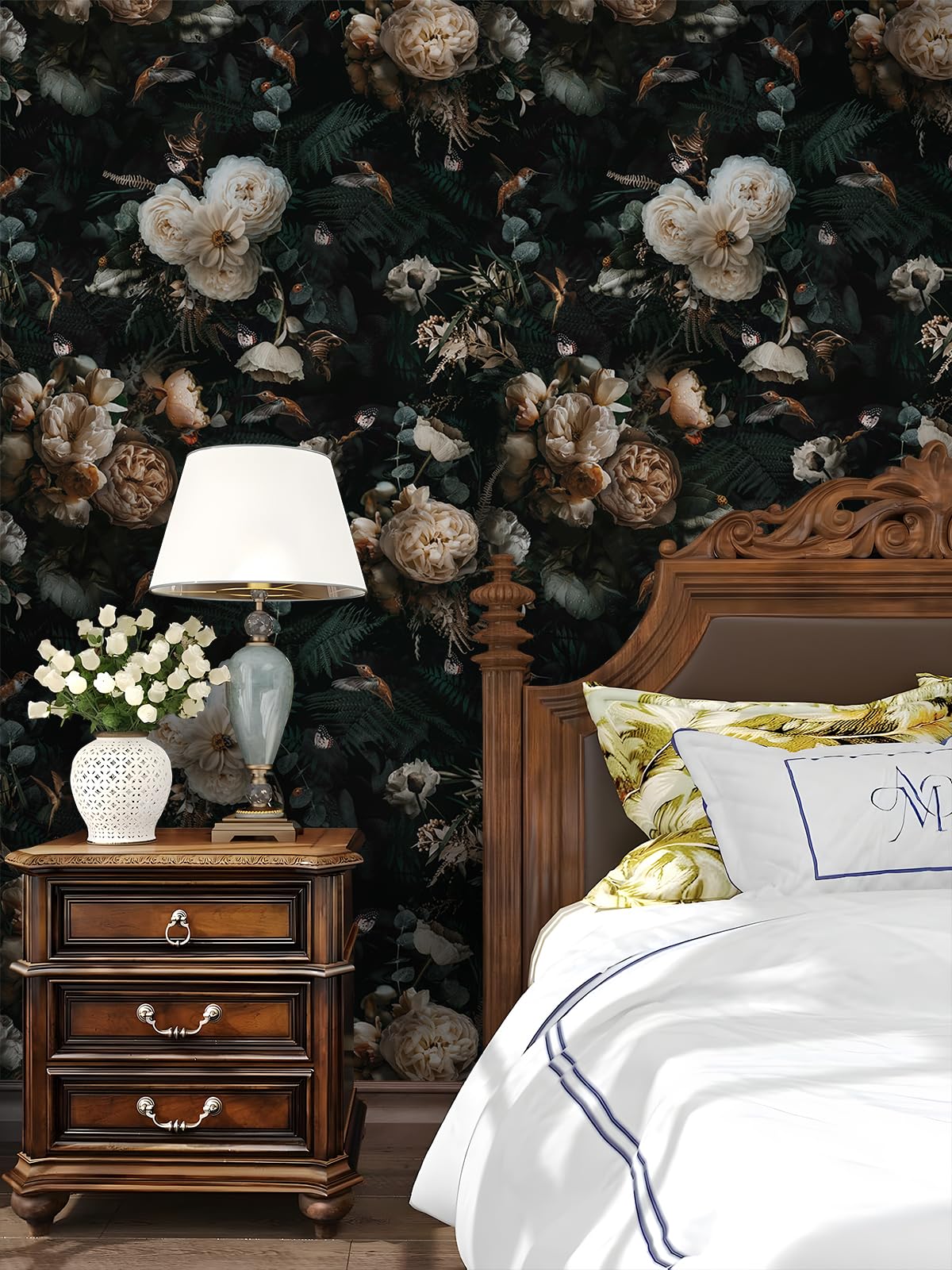 Floralplus Black Floral Wallpaper vintage leaf pattern adds bedroom elegance