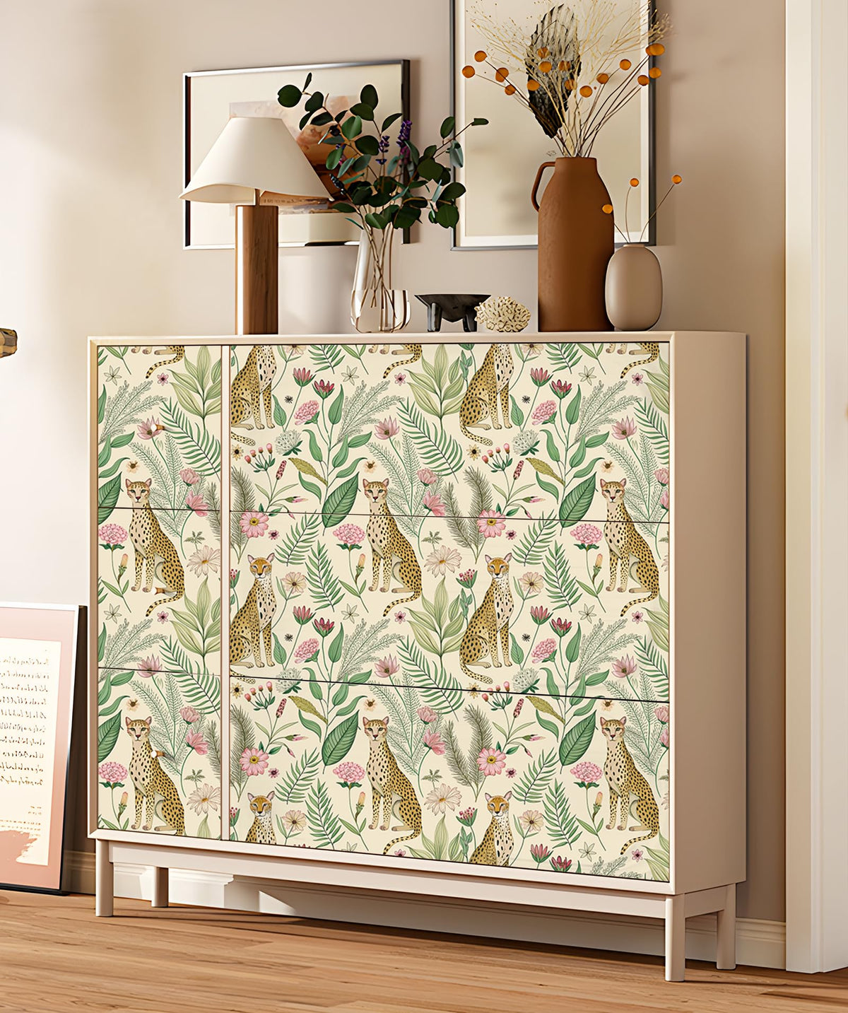 Floralplus leopard jungle wallpaper bathroom accents with wild flair
