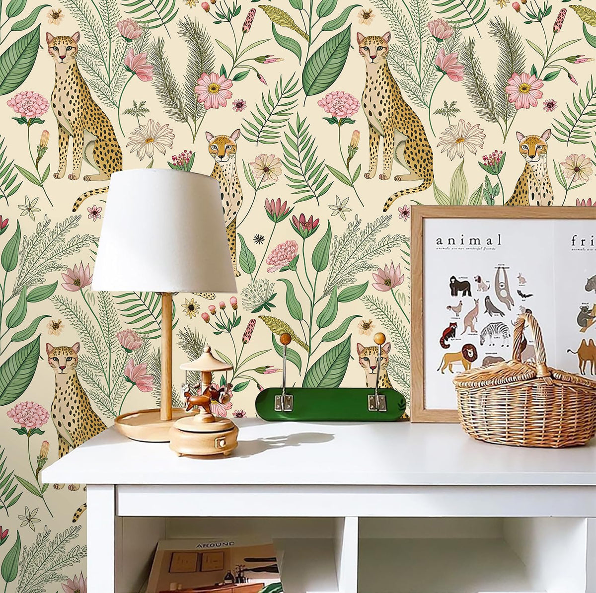 Floralplus leopard jungle wallpaper bedroom ideas for calming, wild ambiance