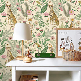 Floralplus leopard jungle wallpaper bedroom ideas for calming, wild ambiance