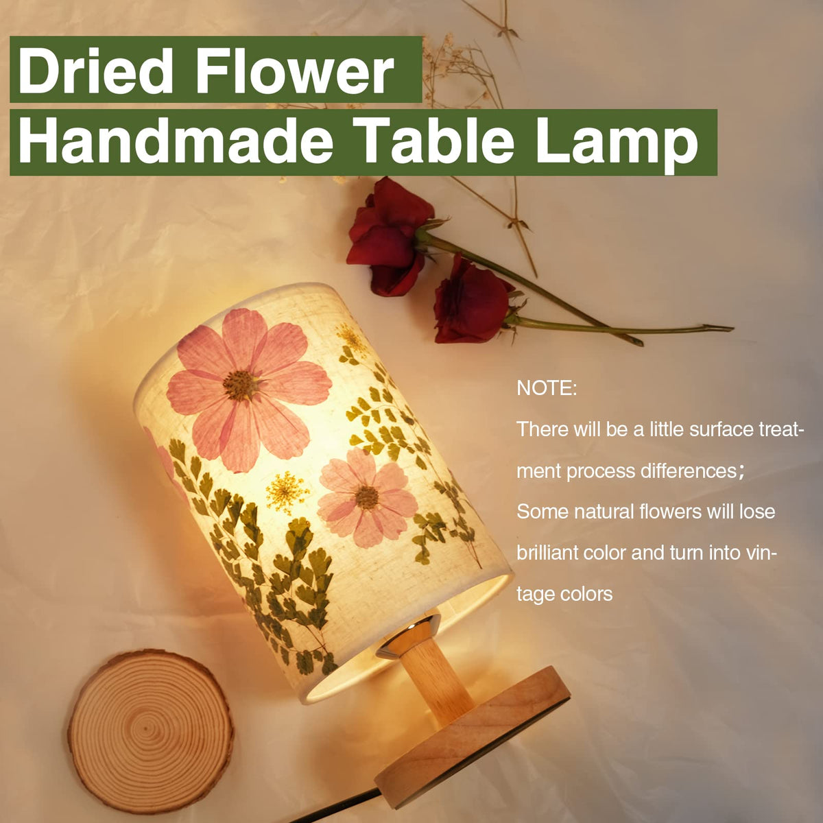 Floresita wood-base lamp with linen shade showcases natural floral artistry.