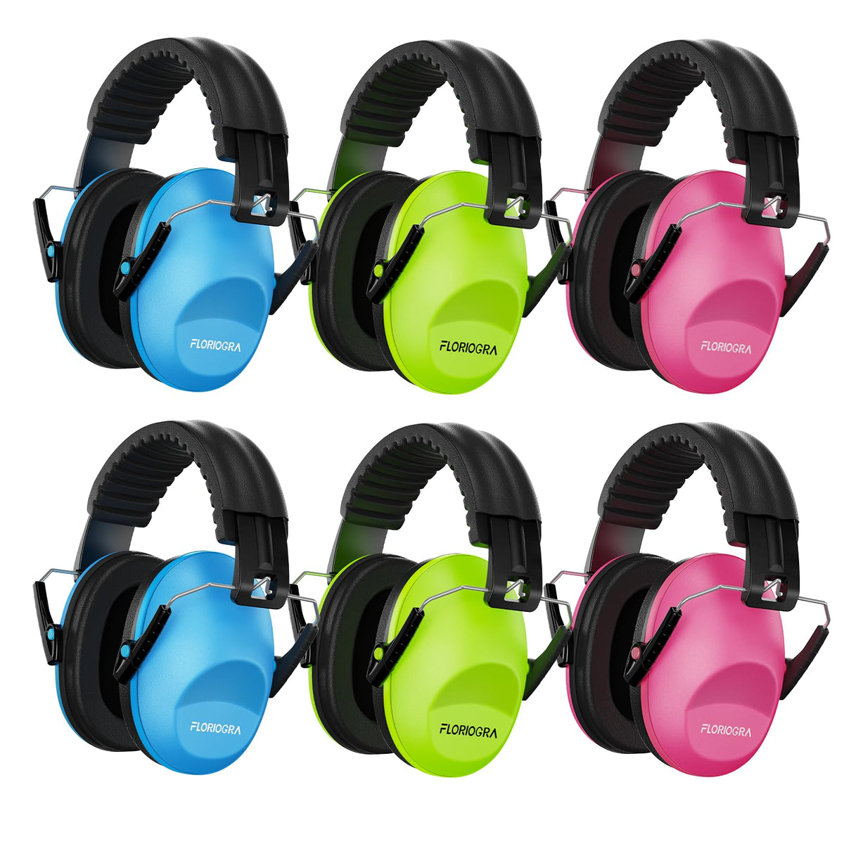 Floriogra kids earmuffs in pink, blue, and green design for visibility and hearing protection.