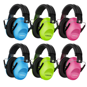 Floriogra kids earmuffs in pink, blue, and green design for visibility and hearing protection.