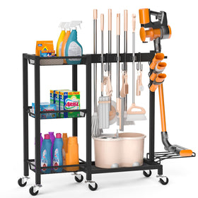 FLOUREE broom holder 3 in 1 design keeps tools organized and within reach