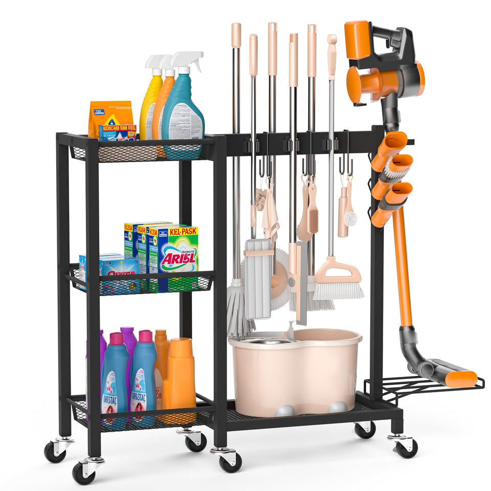 FLOUREE broom holder 3 in 1 design keeps tools organized and within reach