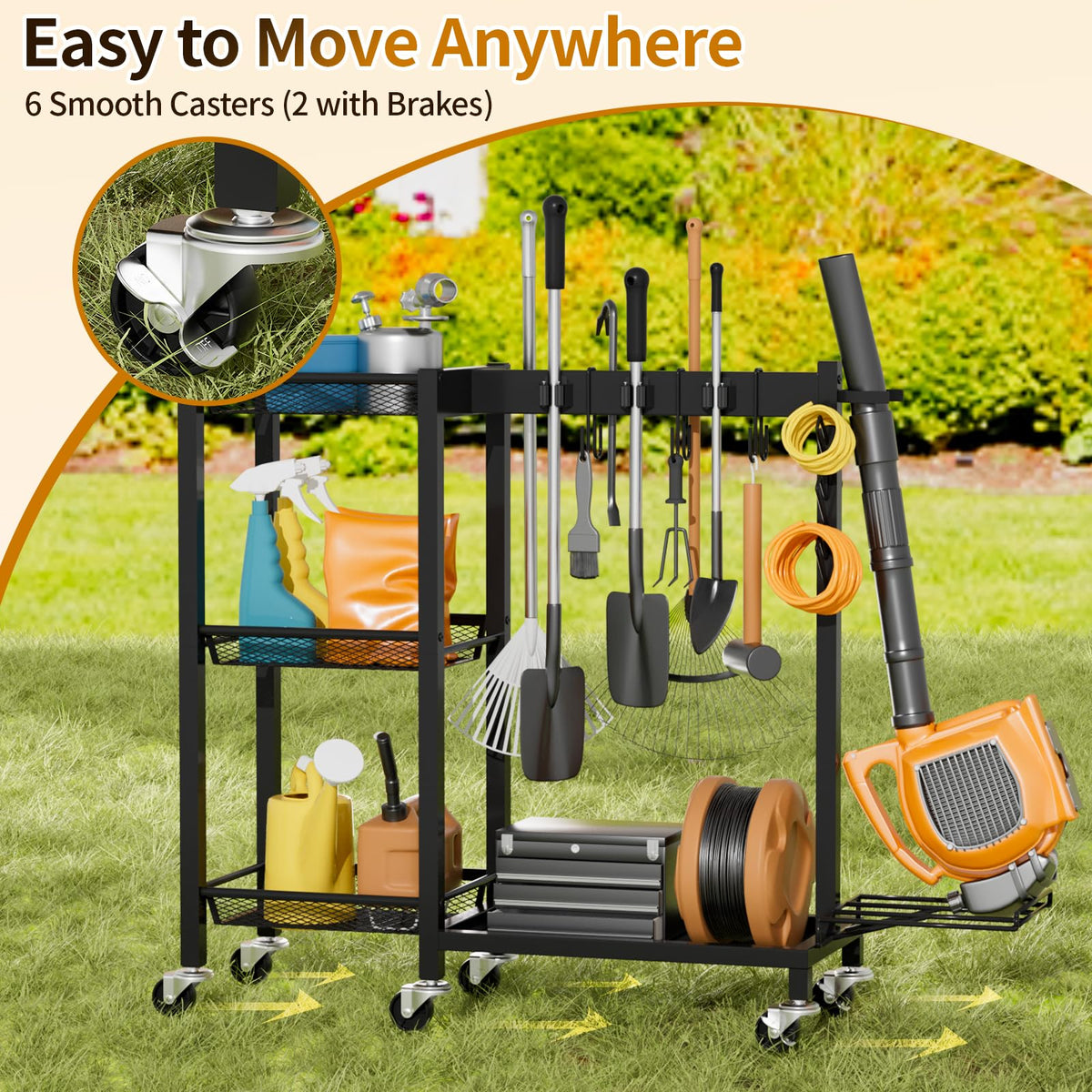 FLOUREE rolling cart with 6 wheels moves cleaning tools smoothly