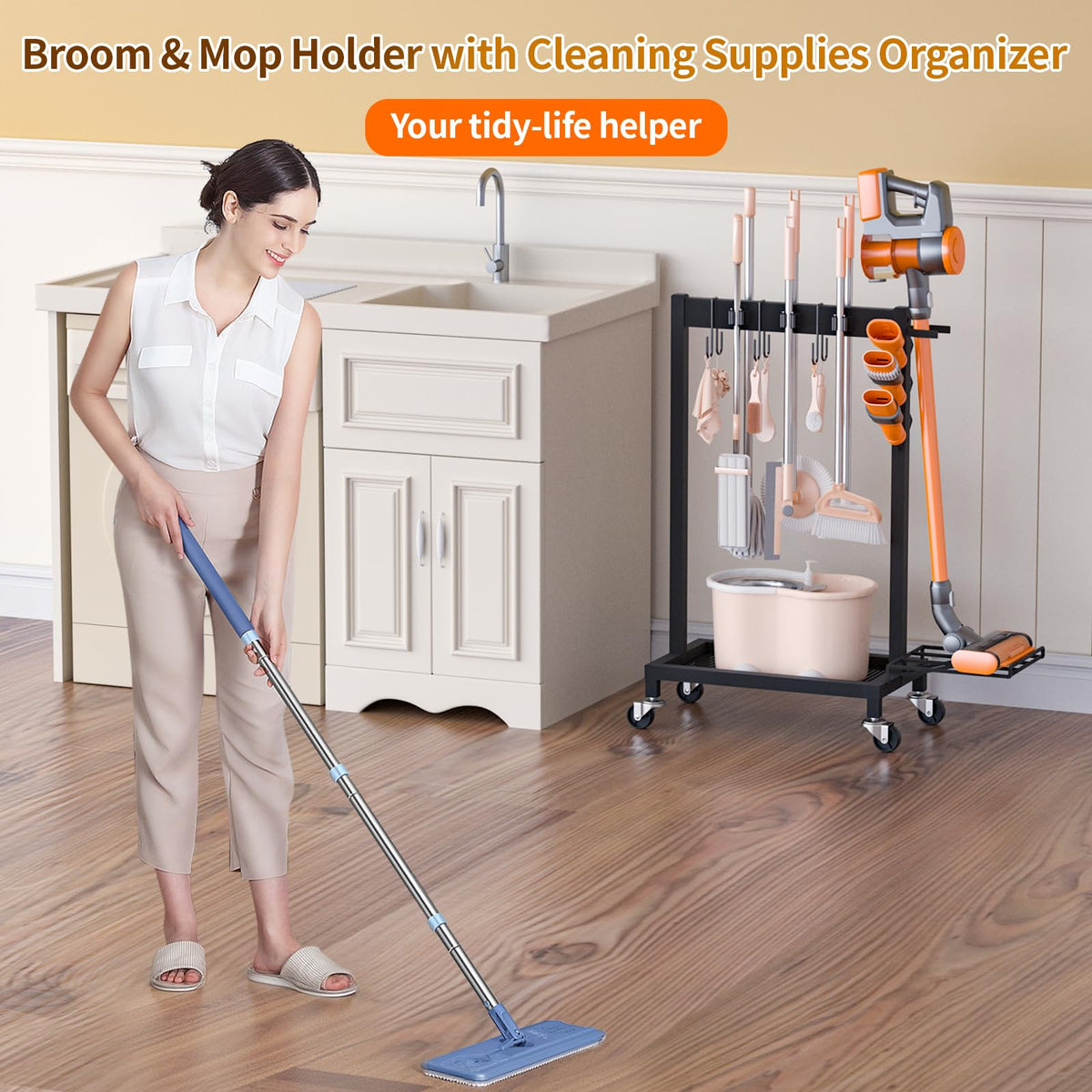 FLOUREE bottom mesh shelf safely holds detergents and sprays.
