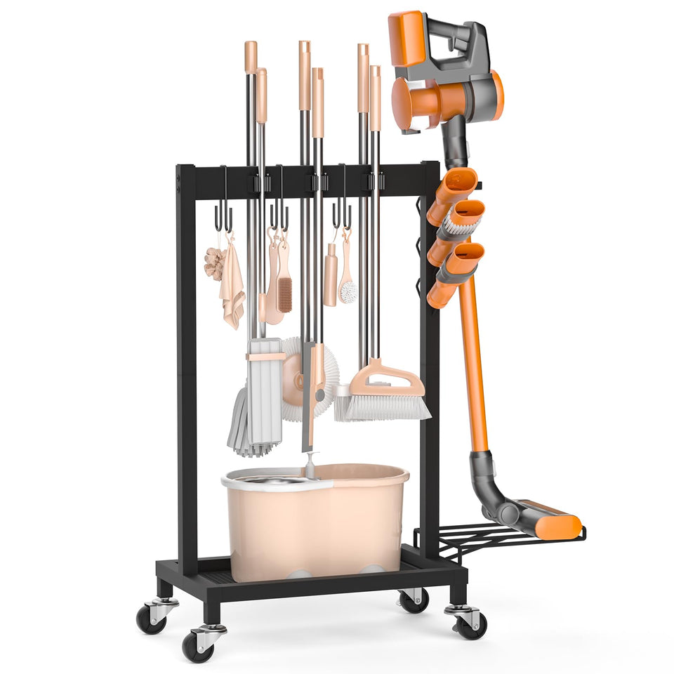 FLOUREE broom holder with 6 grippers keeps brooms upright for quick reach.
