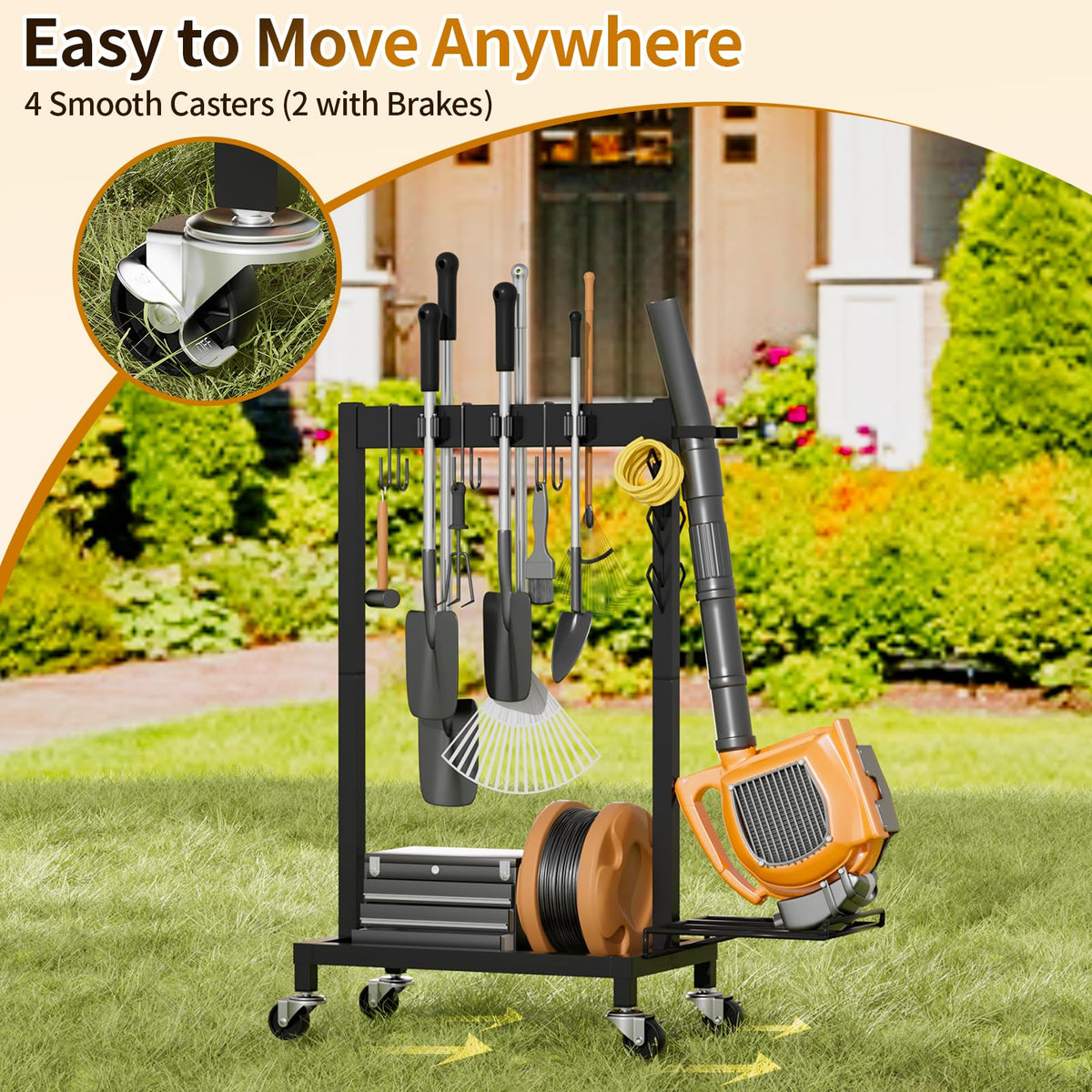FLOUREE rolling cleaning cart on four wheels moves cleaning tools smoothly across rooms.