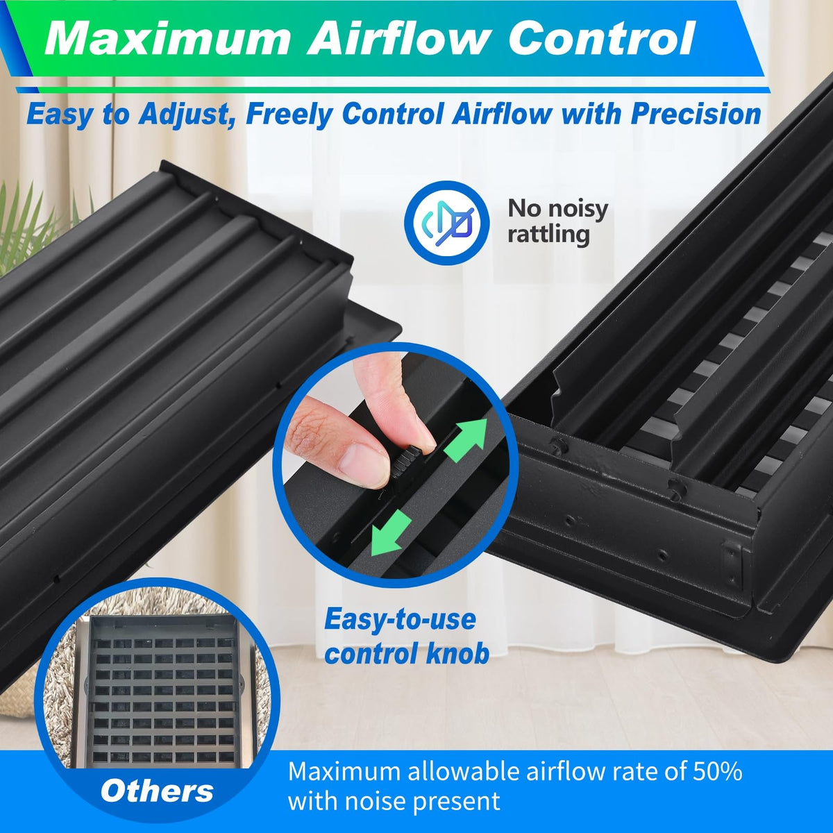 Flowild 4x10 inch damper control image demonstrates precise airflow direction and quiet operation