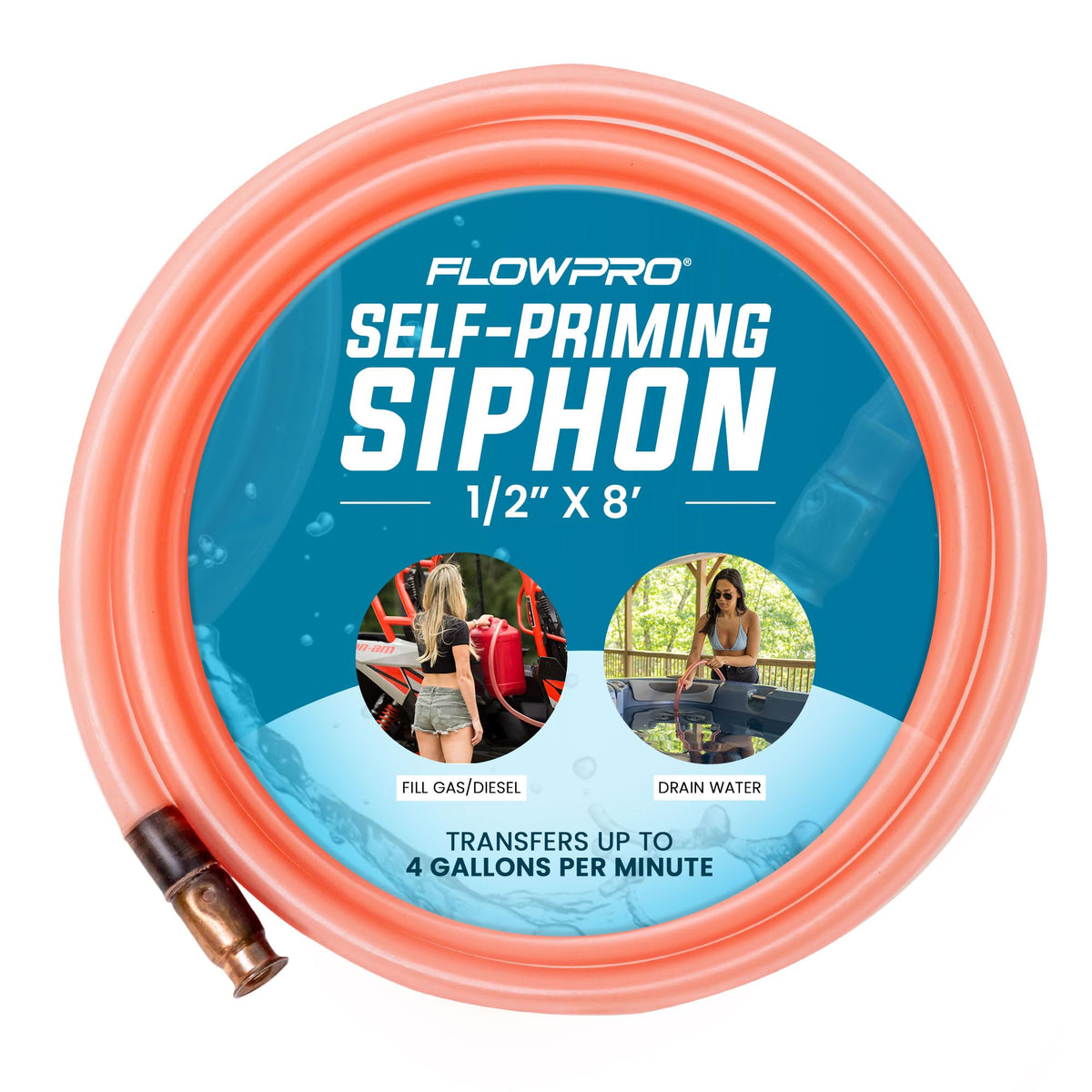 FlowPro siphon hose for gas transfer showing quick, spill-free flow.
